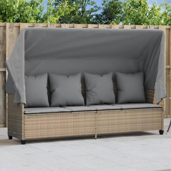 ARDEBO.de - Sonnenliege mit Dach und Kissen Beige Poly Rattan