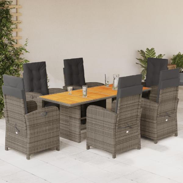 ARDEBO.de - 7-tlg. Garten-Essgruppe mit Kissen Grau Poly Rattan