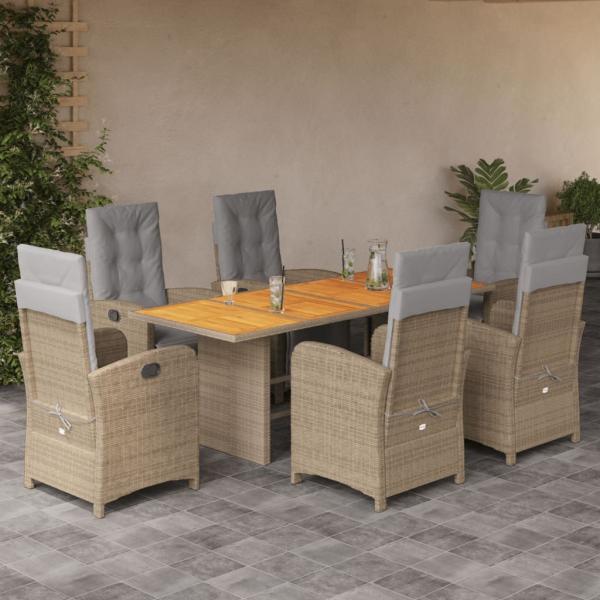 ARDEBO.de - 7-tlg. Garten-Essgruppe mit Kissen Beige Poly Rattan
