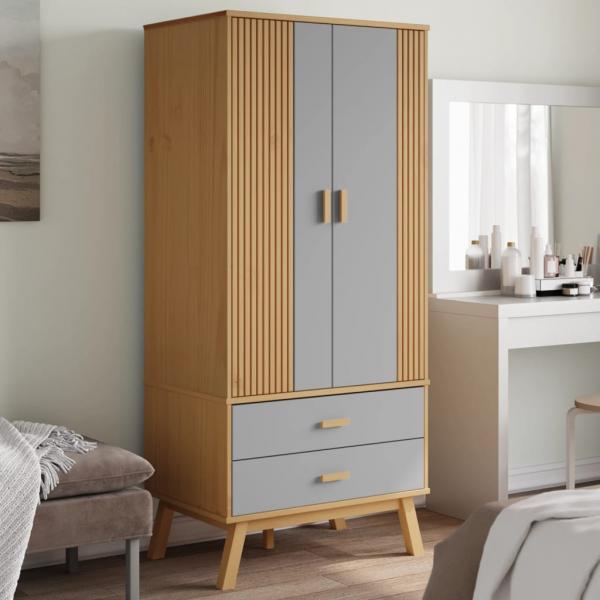 ARDEBO.de - Kleiderschrank OLDEN Grau Braun 76,5x53x172cm Massivholz Kiefer