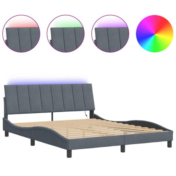 Bettgestell mit LED-Leuchten Dunkelgrau 160x200 cm Samt