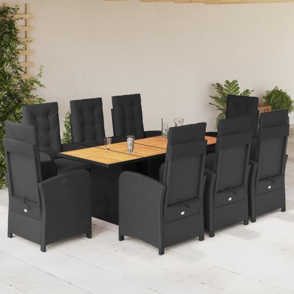 ARDEBO.de - 9-tlg. Garten-Essgruppe mit Kissen Schwarz Poly Rattan