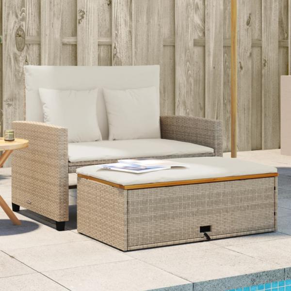 ARDEBO.de - Gartensofa mit Kissen 2-Sitzer Beige Poly Rattan & Akazienholz