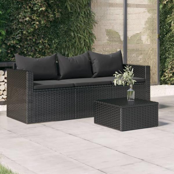 ARDEBO.de - 3-Sitzer-Gartensofa mit Kissen Schwarz Poly Rattan