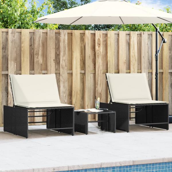 ARDEBO.de - Sonnenliegen 2 Stk. mit Tisch Schwarz Poly Rattan