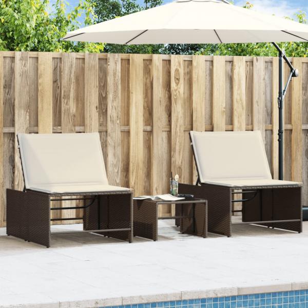 ARDEBO.de - Sonnenliegen 2 Stk. mit Tisch Braun Poly Rattan