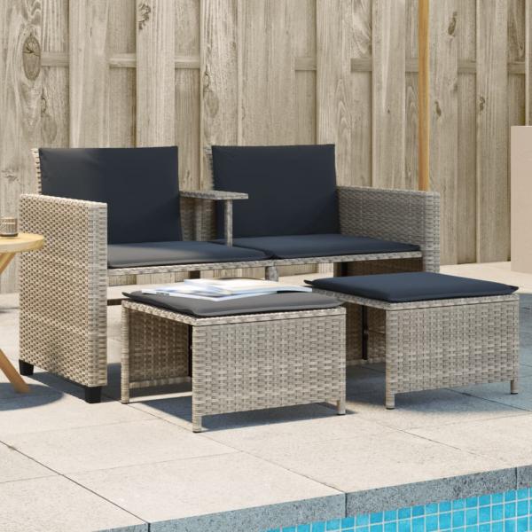 ARDEBO.de - Gartensofa 2-Sitzer mit Tisch und Hockern Hellgrau Poly Rattan