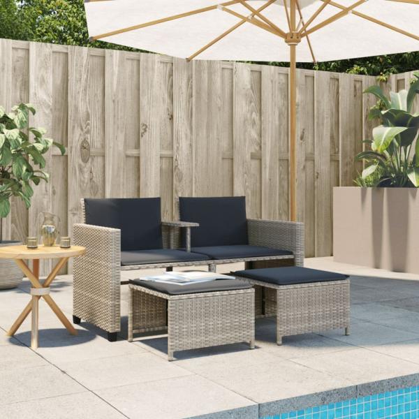 Gartensofa 2-Sitzer mit Tisch und Hockern Hellgrau Poly Rattan