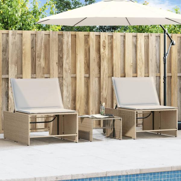 ARDEBO.de - Sonnenliegen 2 Stk. mit Tisch Beige Poly Rattan