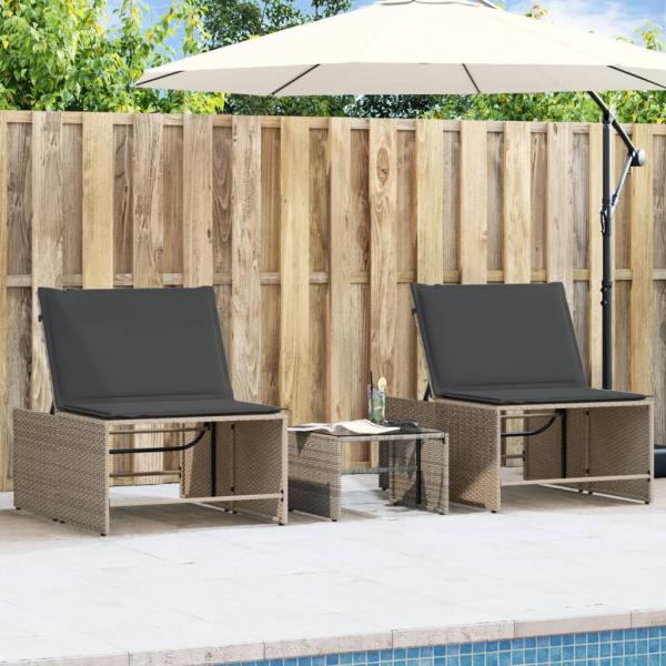 ARDEBO.de - Sonnenliegen 2 Stk. mit Tisch Grau Poly Rattan