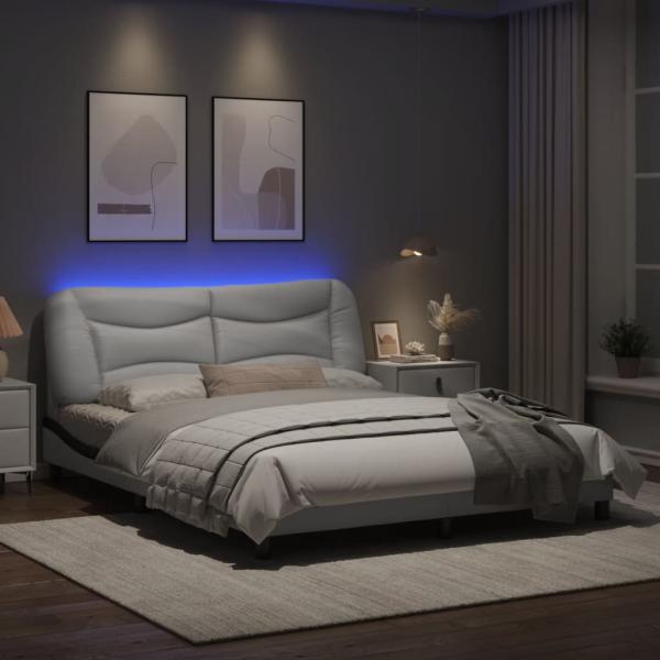 Bettgestell mit LED Weiß und Schwarz 160x200 cm Kunstleder