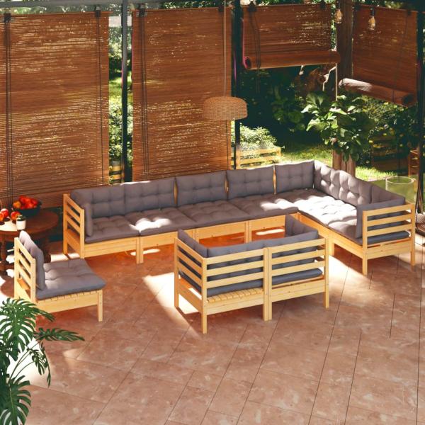 ARDEBO.de - 10-tlg. Garten-Lounge-Set mit Grauen Kissen Kiefer Massivholz