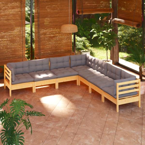 ARDEBO.de - 7-tlg. Garten-Lounge-Set mit Grauen Kissen Kiefer Massivholz