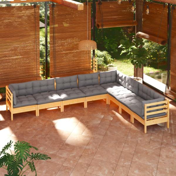 ARDEBO.de - 8-tlg. Garten-Lounge-Set mit Grauen Kissen Kiefer Massivholz