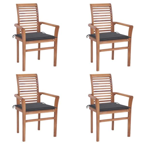 Essstühle 4 Stk. mit Anthrazit Kissen Massivholz Teak