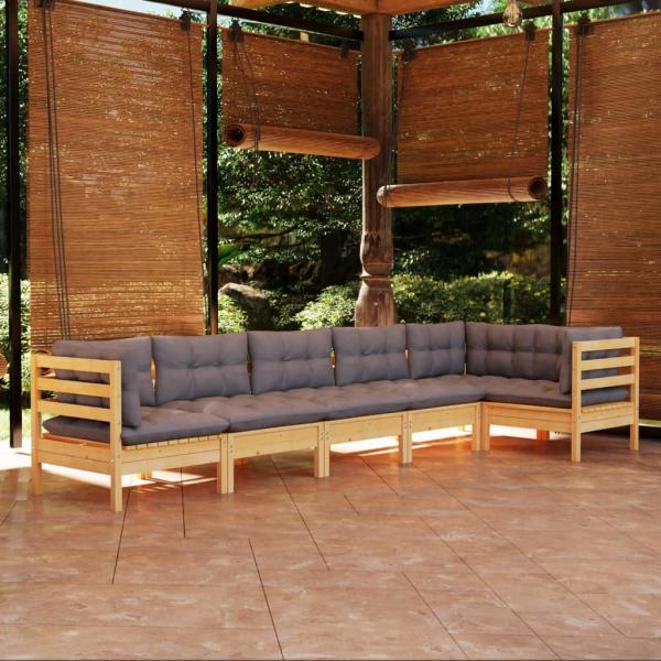 ARDEBO.de - 6-tlg. Garten-Lounge-Set mit Grauen Kissen Kiefernholz