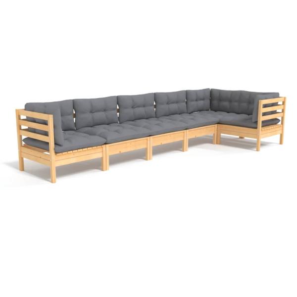 6-tlg. Garten-Lounge-Set mit Grauen Kissen Kiefernholz