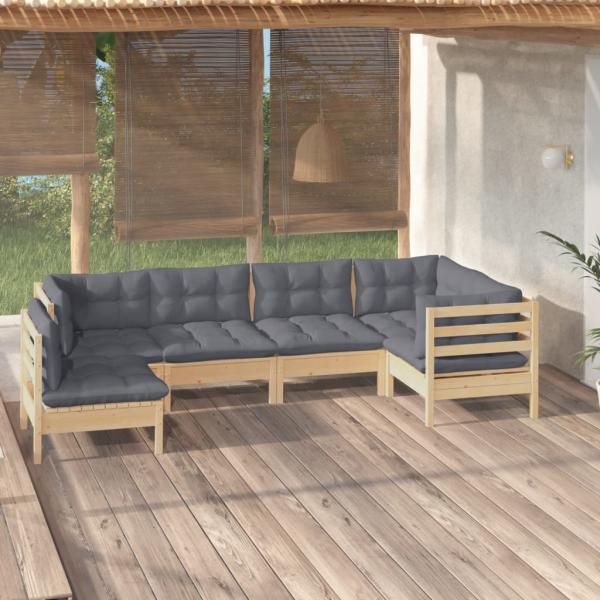 ARDEBO.de - 6-tlg. Garten-Lounge-Set mit Grauen Kissen Kiefernholz