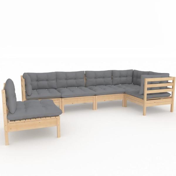6-tlg. Garten-Lounge-Set mit Grauen Kissen Kiefernholz