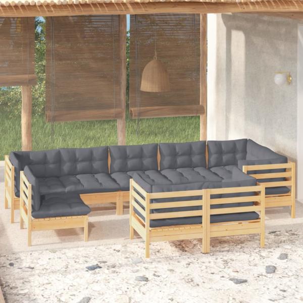 ARDEBO.de - 9-tlg. Garten-Lounge-Set mit Grauen Kissen Kiefer Massivholz
