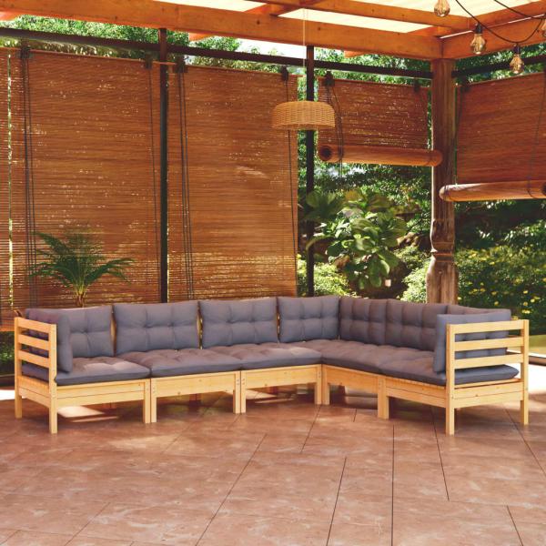 ARDEBO.de - 6-tlg. Garten-Lounge-Set mit Grauen Kissen Kiefer Massivholz