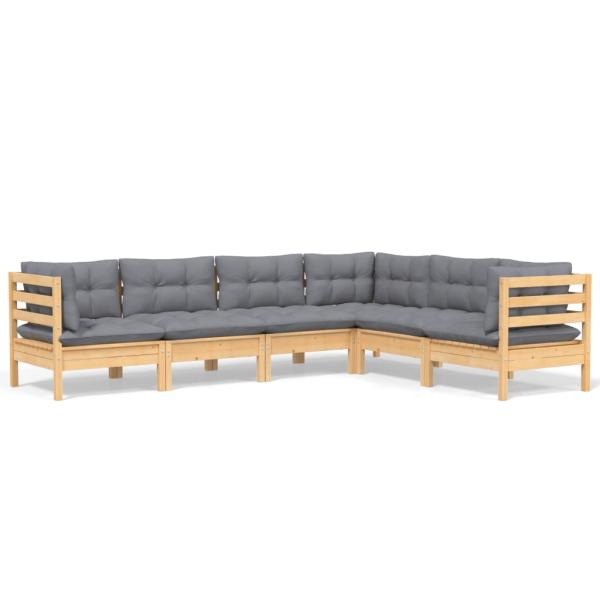 6-tlg. Garten-Lounge-Set mit Grauen Kissen Kiefer Massivholz