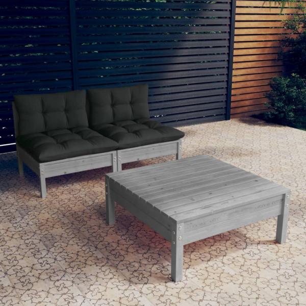 ARDEBO.de - 3-tlg. Garten-Lounge-Set mit Anthrazit Kissen Kiefernholz