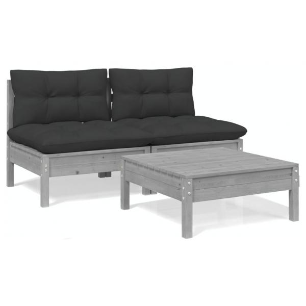 3-tlg. Garten-Lounge-Set mit Anthrazit Kissen Kiefernholz