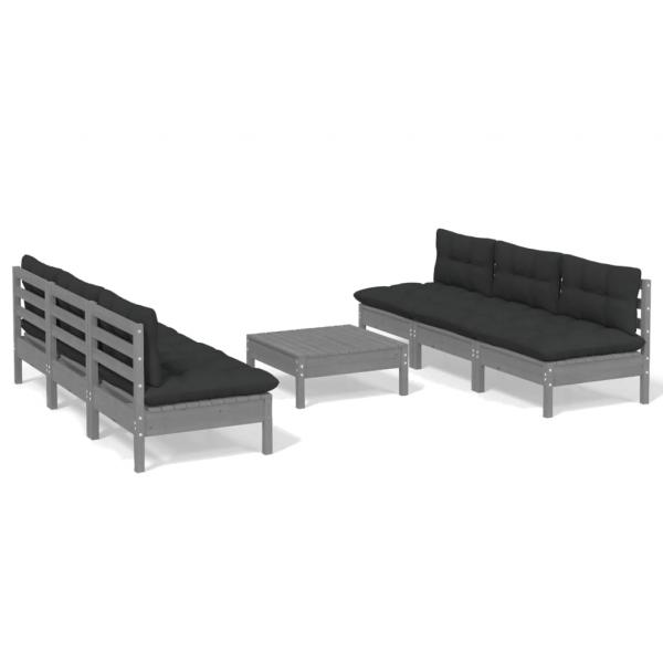 7-tlg. Garten-Lounge-Set mit Anthrazit Kissen Kiefernholz