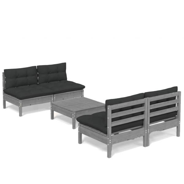 5-tlg. Garten-Lounge-Set mit Anthrazit Kissen Kiefernholz
