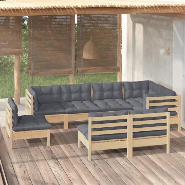 ARDEBO.de - 8-tlg. Garten-Lounge-Set mit Grauen Kissen Kiefer Massivholz