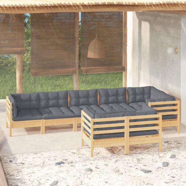 ARDEBO.de - 8-tlg. Garten-Lounge-Set mit Grauen Kissen Kiefer Massivholz