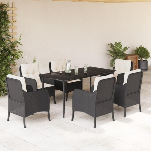 ARDEBO.de - 7-tlg. Garten-Essgruppe mit Kissen Schwarz Poly Rattan
