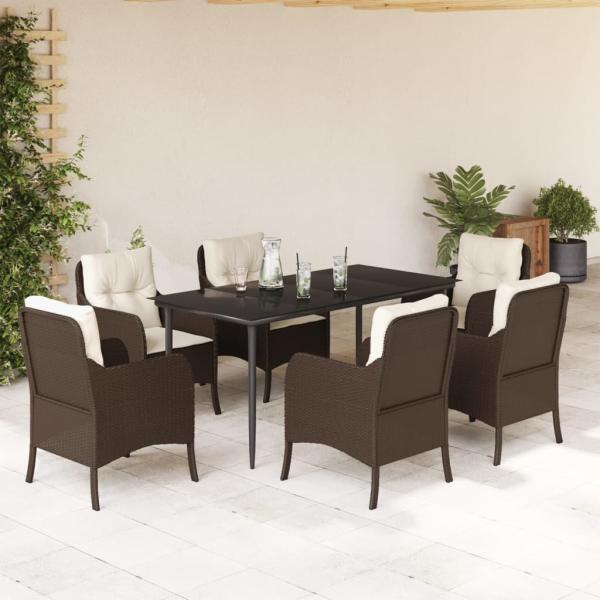 ARDEBO.de - 7-tlg. Garten-Essgruppe mit Kissen Braun Poly Rattan