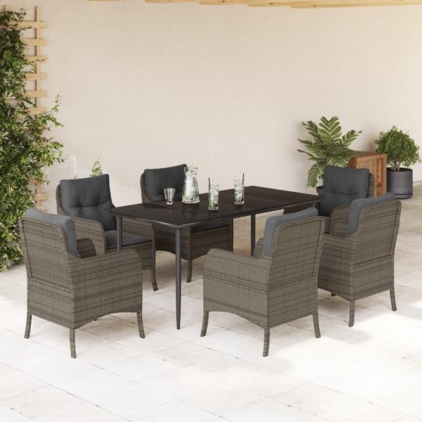 ARDEBO.de - 7-tlg. Garten-Essgruppe mit Kissen Grau Poly Rattan