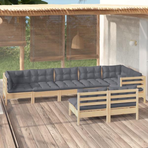 ARDEBO.de - 8-tlg. Garten-Lounge-Set mit Grauen Kissen Kiefer Massivholz
