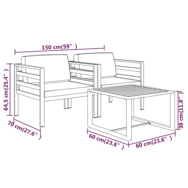 3-tlg. Garten-Lounge-Set mit Kissen Aluminium Anthrazit