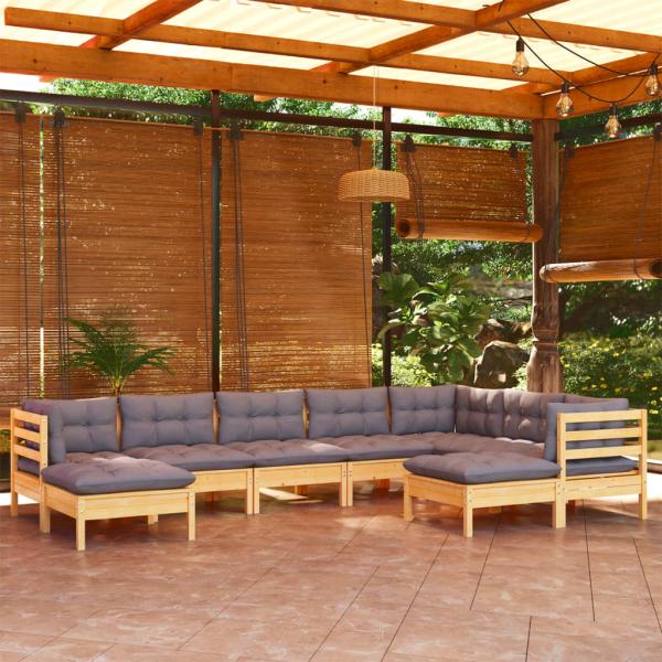ARDEBO.de - 9-tlg. Garten-Lounge-Set mit Grauen Kissen Kiefer Massivholz