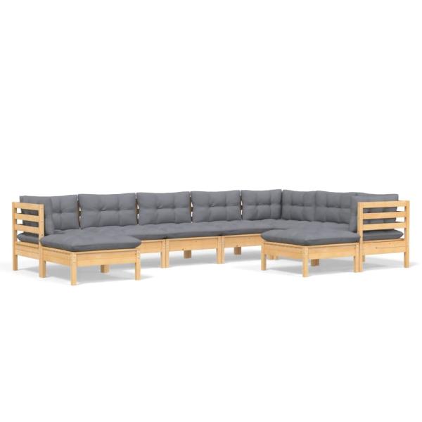 9-tlg. Garten-Lounge-Set mit Grauen Kissen Kiefer Massivholz