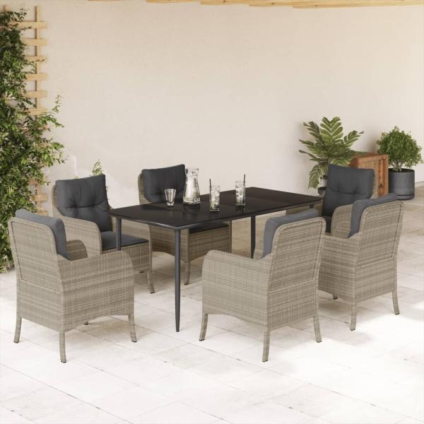ARDEBO.de - 7-tlg. Garten-Essgruppe mit Kissen Hellgrau Poly Rattan