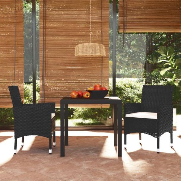 ARDEBO.de - 3-tlg. Garten-Essgruppe mit Kissen Poly Rattan Schwarz