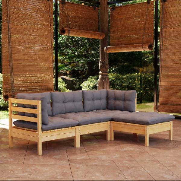 ARDEBO.de - 4-tlg. Garten-Lounge-Set mit Grauen Kissen Kiefernholz