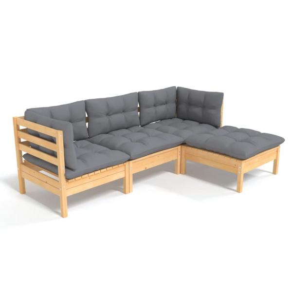 4-tlg. Garten-Lounge-Set mit Grauen Kissen Kiefernholz