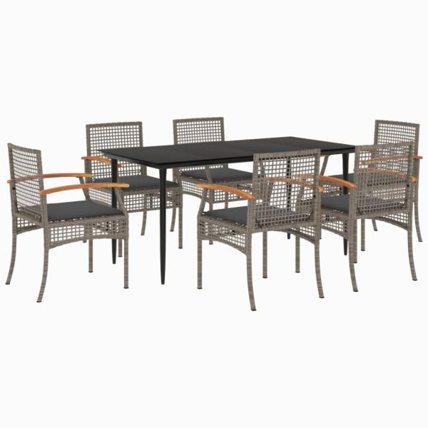 7-tlg. Garten-Essgruppe mit Kissen Grau Poly Rattan