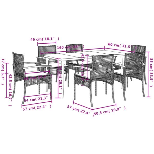 7-tlg. Garten-Essgruppe mit Kissen Grau Poly Rattan
