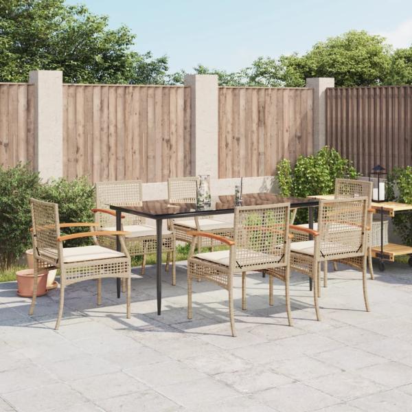ARDEBO.de - 7-tlg. Garten-Essgruppe mit Kissen Beige Poly Rattan