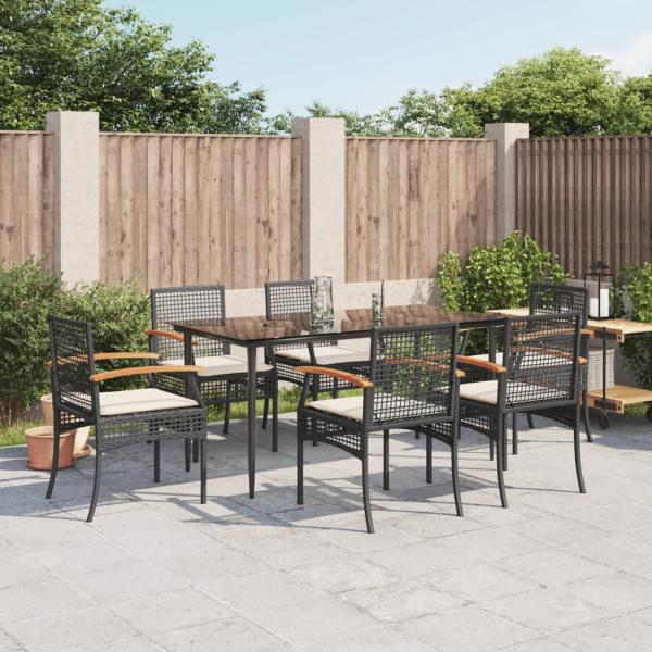 ARDEBO.de - 7-tlg. Garten-Essgruppe mit Kissen Schwarz Poly Rattan