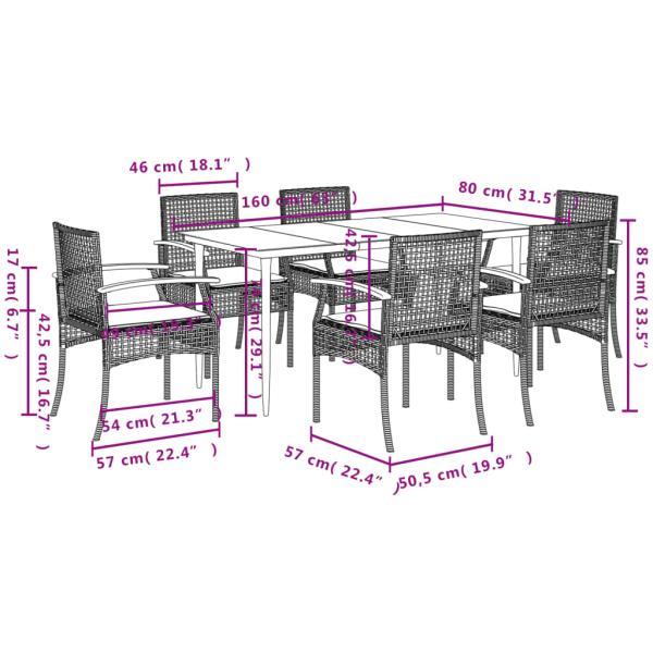 7-tlg. Garten-Essgruppe mit Kissen Schwarz Poly Rattan