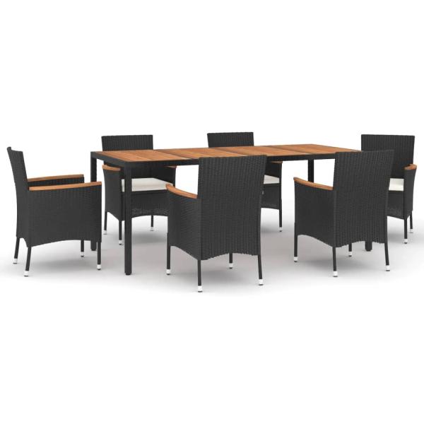 7-tlg. Garten-Essgruppe mit Kissen Schwarz Poly Rattan