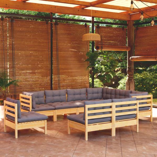 ARDEBO.de - 9-tlg. Garten-Lounge-Set mit Grauen Kissen Kiefer Massivholz